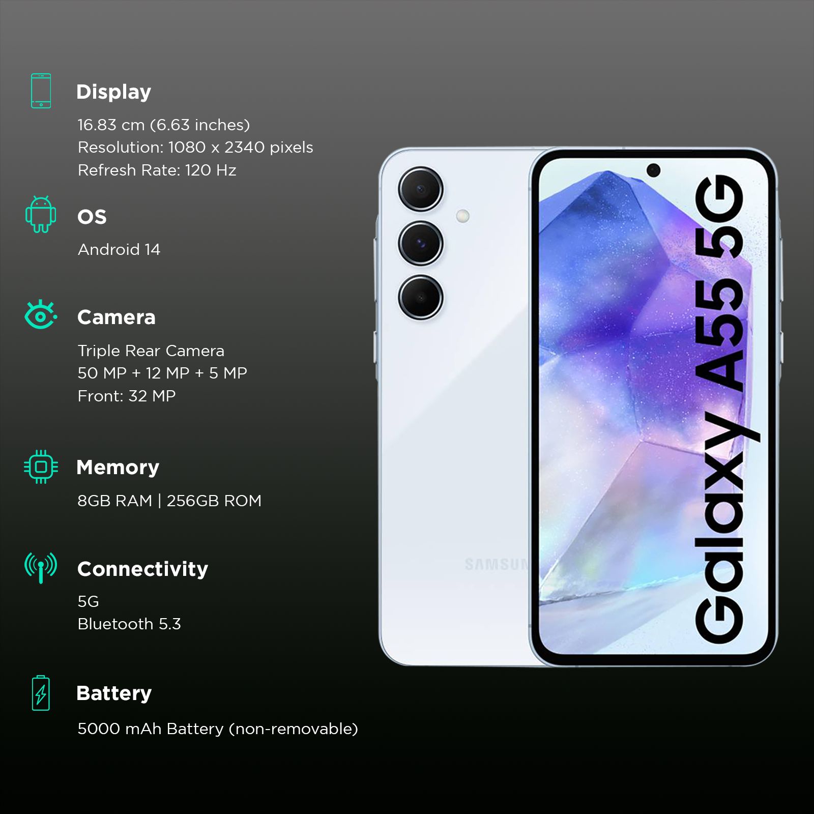 Buy SAMSUNG Galaxy A55 5G (8GB RAM, 256GB, Awesome Iceblue) Online Croma